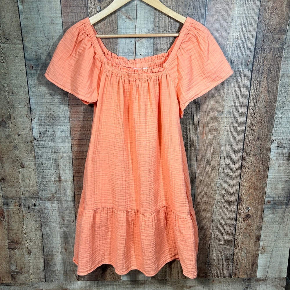 Gap Orange 100% Cotton Gauze Tiered Mini Dress Pockets Boho Summer Medium